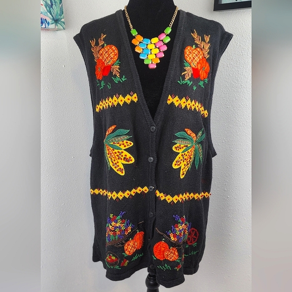 🌽🎃 Bobbie Brooks vintage plus Fall Thanksgiving embroidery beaded sweater vest - Picture 2 of 15